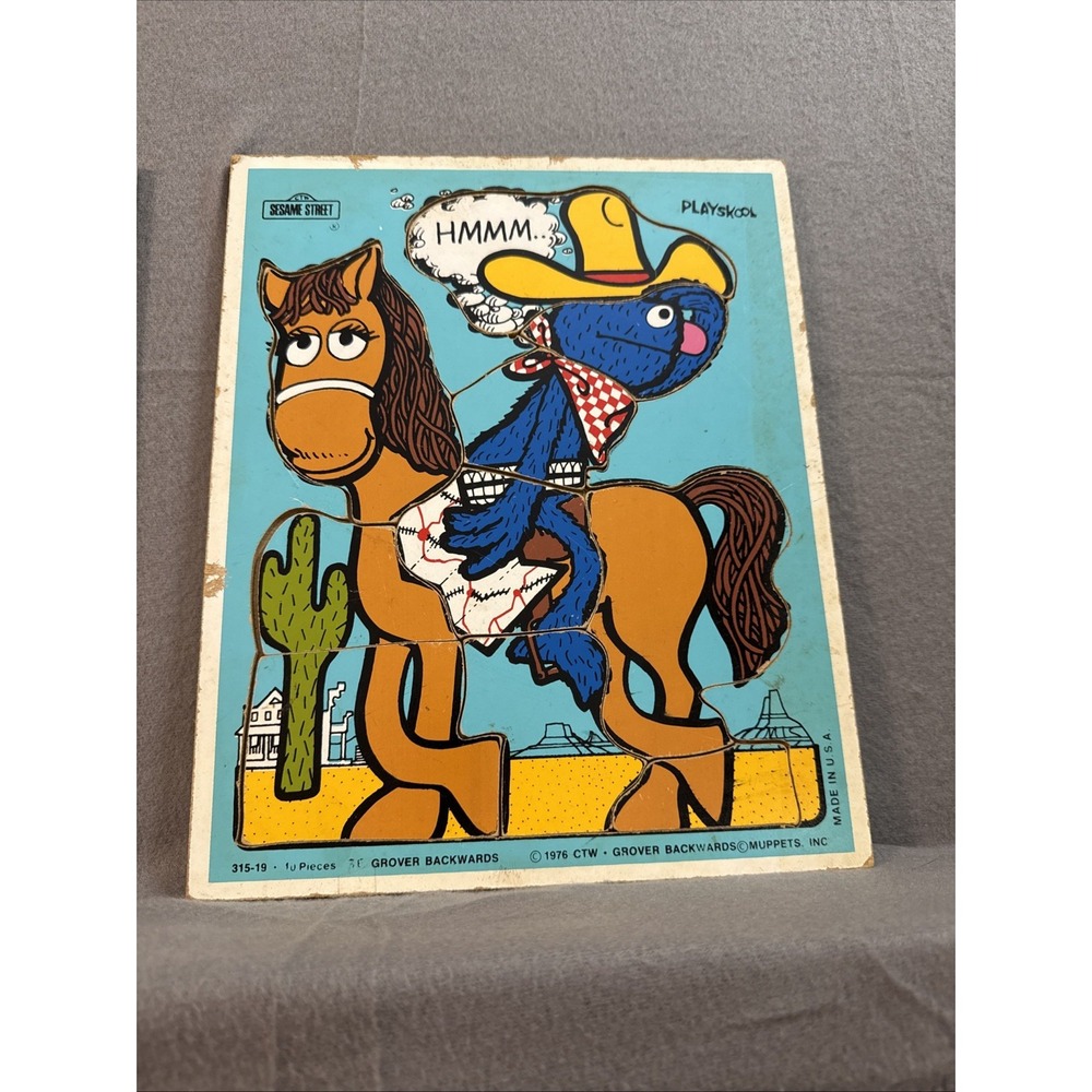 1976 Vintage 10 PC. Playskool Grover Backwards Wooden Puzzle Complete 315-19